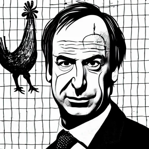 Image similar to saul goodman and a rooster in a medieval torture chamber, saw blades and knives in the background, horror movie, saul goodman, rooster!!!!!, real life photo, detailed face!