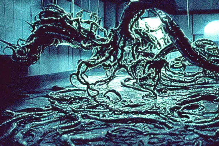 Image similar to scary filmic establishing wide shot angle movie still 35mm film color photograph of a shape shifting abstract alien organism from The Thing 1982 spewing swirling slimey tendrils all over the floor, in the style of a horror film