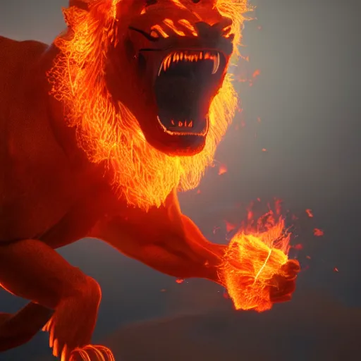 Image similar to fire lion, flaming, detail, unreal engine, cinematic lighting, colorful