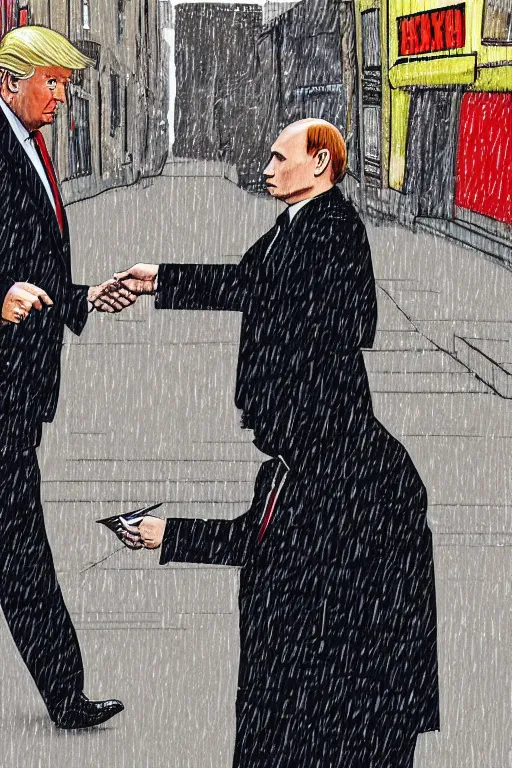 Prompt: digital art of donald trump buying drugs from vladimir putin in a dark raining city alleyway