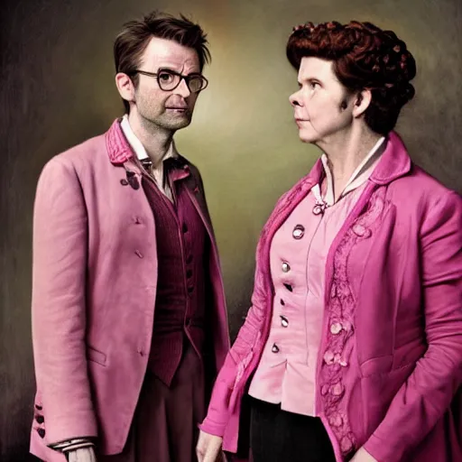 Image similar to david tennant and imelda staunton as dolores umbridge in pink clothes with the tenth doctor who, highly detailed, artstation, concept art, fantasy, smooth, sharp focus, illustration, perfect face, art by willem claesz. heda, nikolay makovsky, jacek malczewski, arthur hughes, edward okun, franz xaver winterhalter