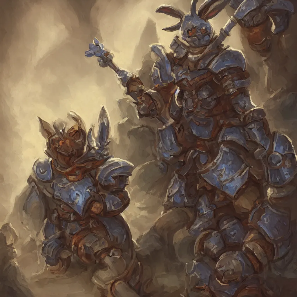 Image similar to Rabbit in Armor sitting in a dungeon, digital painting, hearthstone art