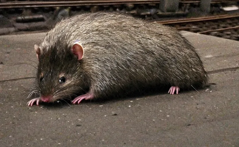 Image similar to very large giant mutant antropomorphic rat staying on railways in tonnel of moscow subway. extreme high detail. low light, scary atmosphere, darkness