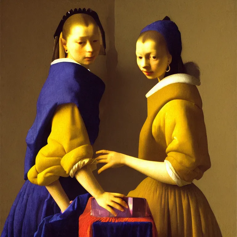 Image similar to portrait fragrance packshot by vermeer, highly detailed, saturated colors, fashion