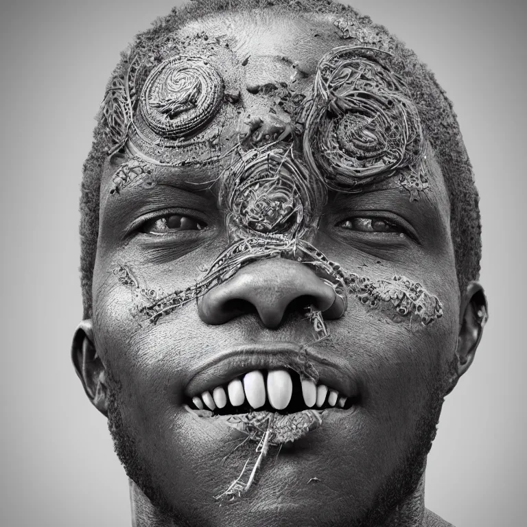 Image similar to surreal spinal ribbed tribal exotic organic face portrait of a beautiful aboriginal man, beautiful detailed intricate insanely detailed BW 3D render digital art, octane render, 8K artistic photography, photorealistic