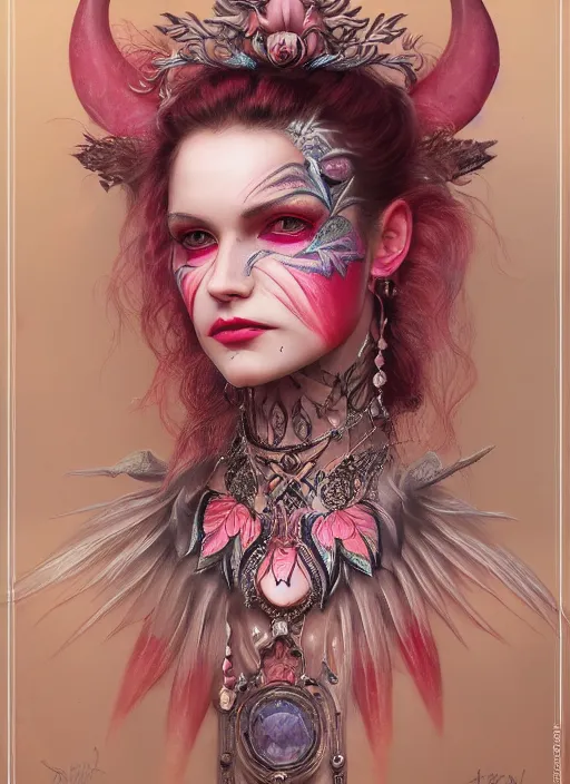 Prompt: portrait of pink vampire, symmetric, facepaint facepaint facepaint, intricate jewelry, trending on artstation 4 k, high quality, in the style of karol bak and tom bagshaw, tattoos