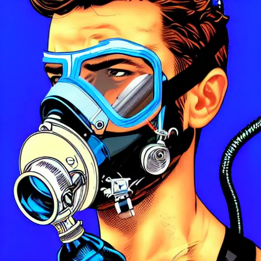 Image similar to portrait of a male diver with a oxygen mask intricate details mask by MARVEL comics and Sandra Chevrier