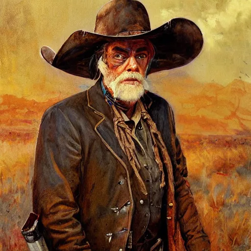 Prompt: Solomon Joseph Solomon and Richard Schmid and Jeremy Lipking victorian genre painting portrait painting of Jack Elam a rugged cowboy gunfighter old west character in fantasy costume, red background