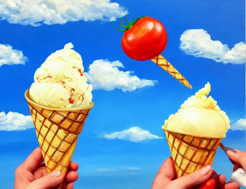 Image similar to a realistic painting of a tomato on a very sunny beach eating ice cream in a cone but the icecream is made of white clouds on a blue sky