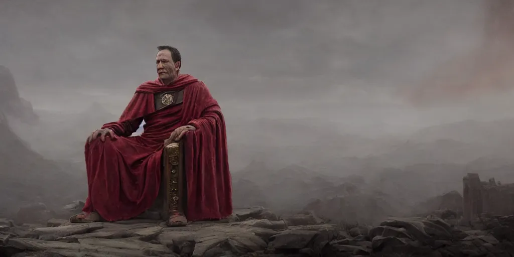 Image similar to the end is near. a tired julius caesar is sitting on his throne. face is highly detailed. splices of red are running down his toga. mist. color scheme red. low angle close shot. atmospheric. global illumination. unreal engine render. imagined by jeremy lipking