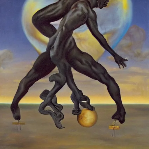 Prompt: a surrealist oil painting of a black man depicted as atlas, struggling to continue carrying the weight of the world, in the style of jean - marquett