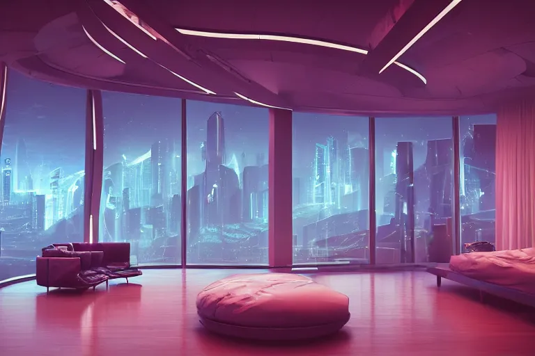 Image similar to a futuristic bedroom with large curved ceiling high windows looking out to a far future cyberpunk cityscape, cyberpunk neon lights, raining, scifi