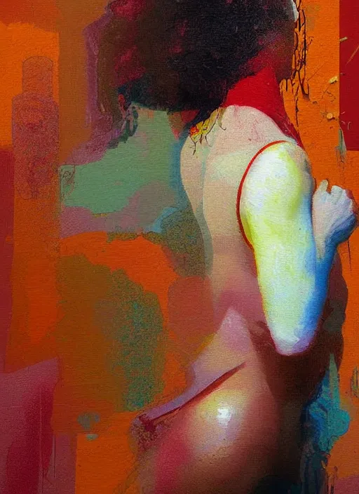 Image similar to a beautiful glitched painting by christian hook and alex kanevsky of a woman in a bathroom, still life, warm colors