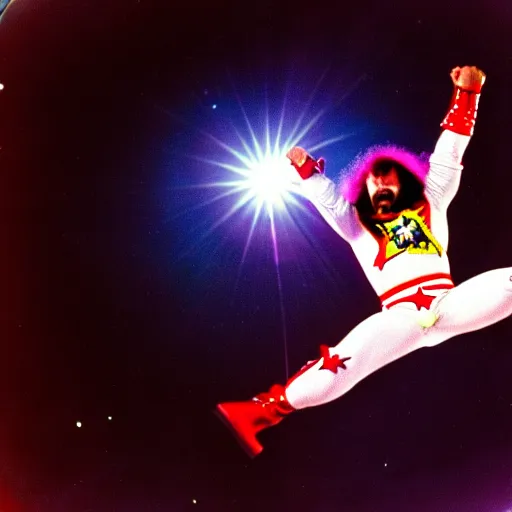 Image similar to Macho Man Randy Savage performing elbow drop from space. Wide angle. Low perspective. High Quality, Sports photography. NASA