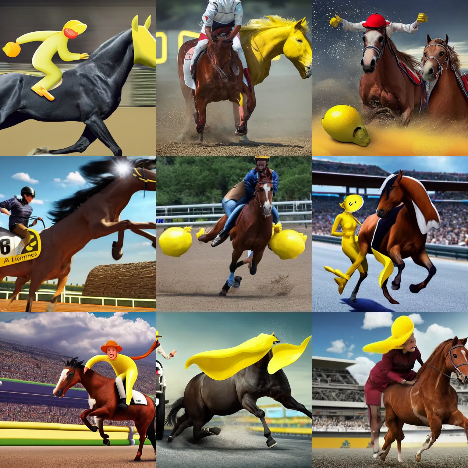 Prompt: horse wearing a lemon hat riding a human competing in a car race, realistic