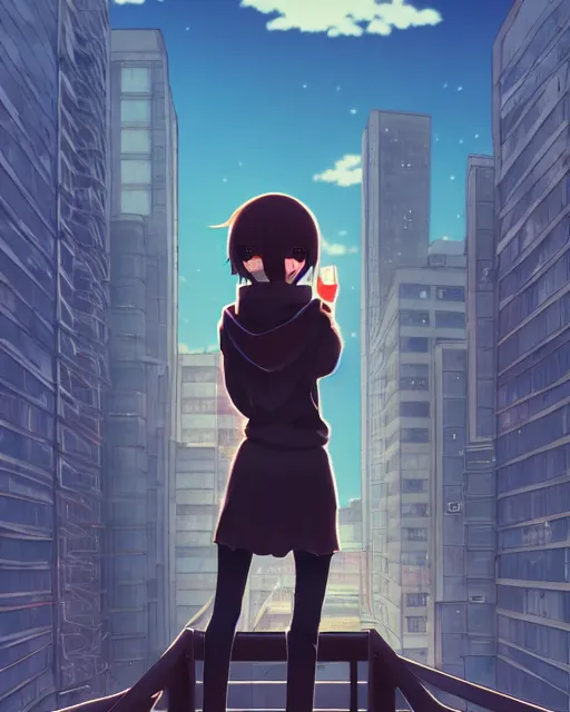 Image similar to anime visual, portrait of a young black haired girl wearing hoodie sightseeing above the city, guardrail, cute face by yoh yoshinari, katsura masakazu, dramatic lighting, dynamic pose, dynamic perspective, strong silhouette, ilya kuvshinov, anime cels, rounded eyes, moody