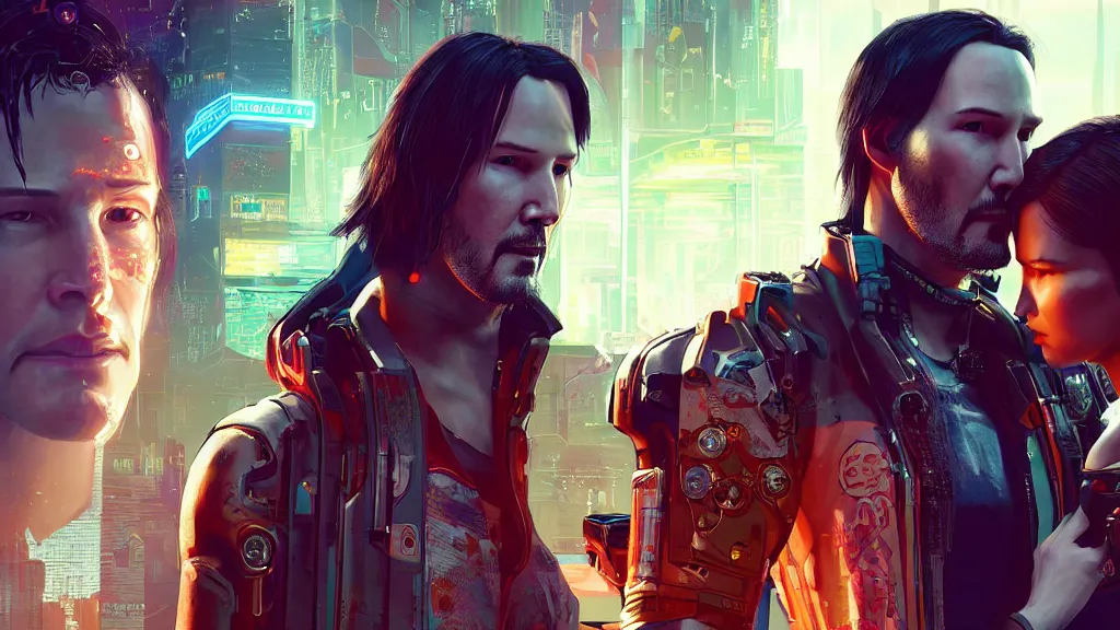 Image similar to a cyberpunk 2077 srcreenshot couple portrait of Keanu Reeves&female android in kiss,love story,film lighting,by Laurie Greasley,Lawrence Alma-Tadema,Dan Mumford,John Wick,Speed,Replicas,artstation,deviantart,FAN ART,full of color,Digital painting,face enhance,highly detailed,8K,octane,golden ratio,cinematic lighting