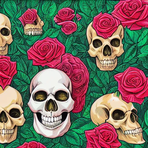 Image similar to ortographic view of large skulls and vivid roses by Jen Bartel and Dan Mumford and Satoshi Kon, gouache illustration