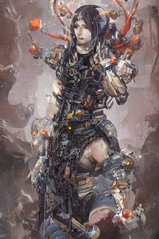 Image similar to portrait of beautiful young mainem, warhammer, japaneese style, cyberpunk armor, a lot of more scars, more and more flowers, orange head, the middle ages, highly detailed, artstation, illustration, art by greg rutkowski, 8 k quality