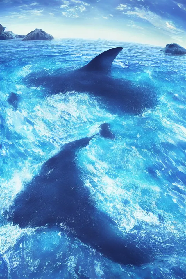 Image similar to under the blue ocean there is a blue whale in the water, the blue whale crystal texture, the dreamy crystal atmosphere ， super wide angle ， matte painting ， rtx on ， trending on cgsociety and artstation, volumetric light ， hyper - realism