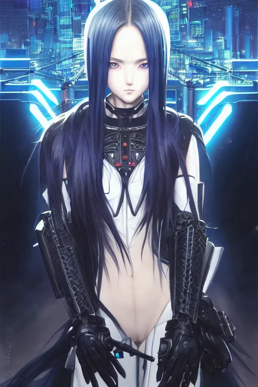 Image similar to portrait Anime girl in cyberpunk trinity blood armor, cute-fine-face, black-hair pretty face, realistic shaded Perfect face, fine details. Anime. realistic shaded lighting by Ilya Kuvshinov katsuhiro otomo ghost-in-the-shell, magali villeneuve, artgerm, rutkowski, WLOP Jeremy Lipkin and Giuseppe Dangelico Pino and Michael Garmash and Rob Rey and Yoshitaka Amano and Thores Shibamoto