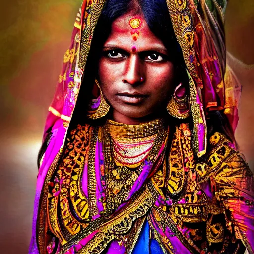 Image similar to photograph of an indian hindu woman in an intricate beautiful dress, ornate, psychedelic, hdr 4 k, award - winning photograph, national geographic