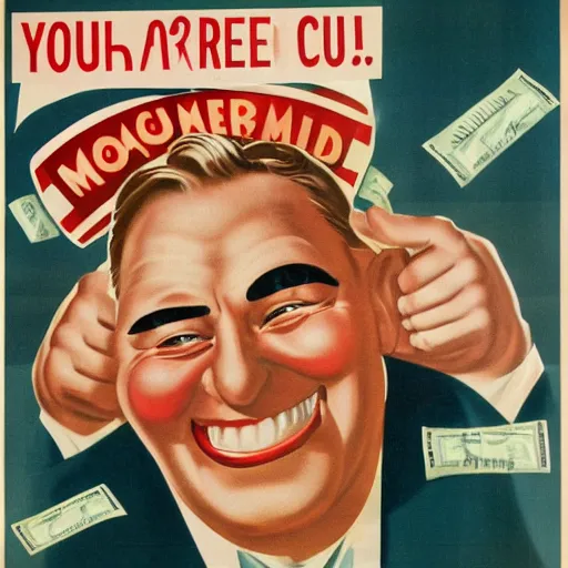 Prompt: 1 9 5 0 american propaganda poster warning the danger of money, featuring a grinning chubby dude in suit