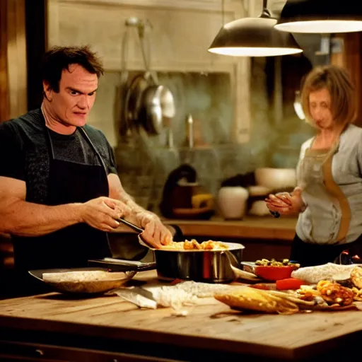 Prompt: frame of a television cooking show, cinematic light, epic composition, fine details, by quentin tarantino