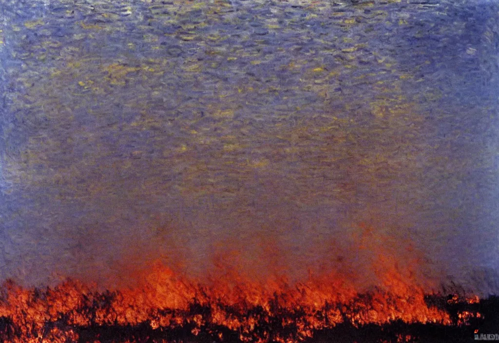 Prompt: 1 9 9 1 kuwait oil fields burning fire by claude monet