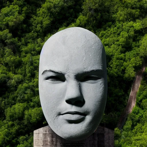 Prompt: gigantic weird concrete head bust in a mountain, surrounded by vegetation, perspective shot from the sky, realistic, by origiful, 4 k