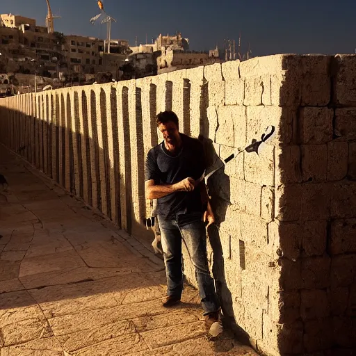 Prompt: award winning cinematic still of 40 year old Mediterannean skinned man building a wall in Jerusalem, holding a sword and a chisel, dramatic lighting, strong shadows, directed by Steven Spielberg