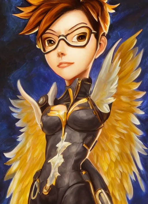 Image similar to full body oil painting of tracer overwatch in the style of jean deville, angel wings, angelic golden armor, dramatic painting, symmetrical composition, ornate, high detail, gold detailed collar!!!!!, blooming, lights, flowers, detailed face,