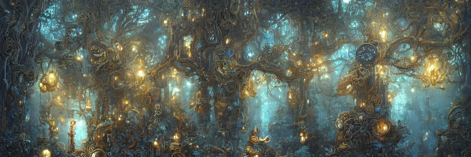 Prompt: Marc Simonetti, Mike Mignola, smooth liquid metal with detailed line work, Mandelbrot flowers and trees, Exquisite detail, blue neon details, hyper detailed, intricate charcoal illustration, golden ratio, steampunk, smoke, neon lights, steampunk forest background, liquid polished metal, by peter mohrbacher