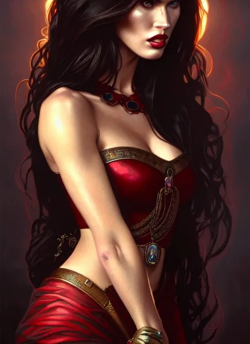 Image similar to portrait of megan fox as a vampire queen, jewelry, greek, ruby, intricate, headshot, highly detailed, digital painting, artstation, concept art, sharp focus, cinematic lighting, illustration, art by artgerm and greg rutkowski, alphonse mucha, cgsociety