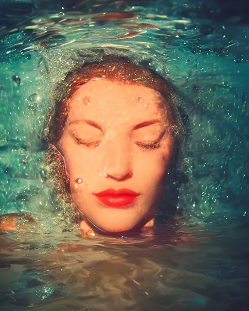 Image similar to oversaturated, burned, light leak, expired film, photo of a woman's resting face submerged in a fizzy milkbath
