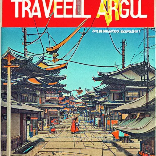 Image similar to 1979 travel magazine cover depicting a futuristic Japanese village at street level. Art in the style of Moebius, cyberpunk, masterpiece