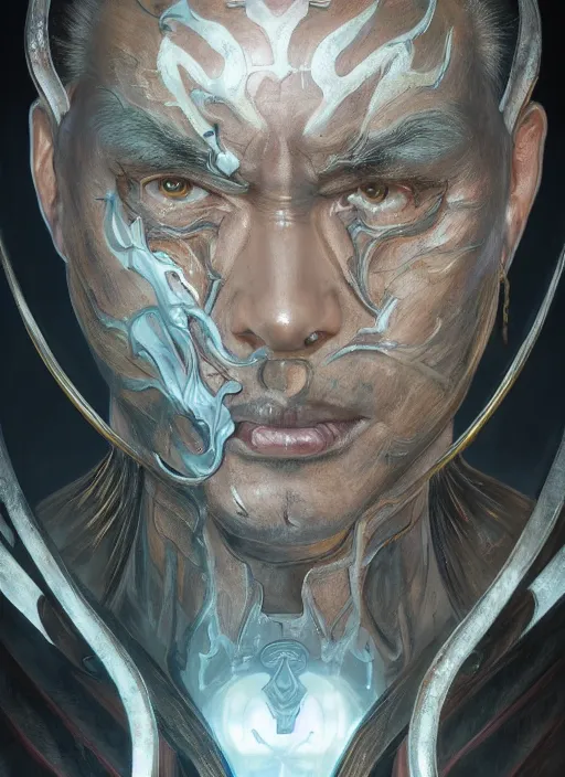 Image similar to symmetry!! shang tsung, mortal kombat, machine parts embedded into face, intricate, elegant, highly detailed, digital painting, artstation, concept art, smooth, sharp focus, illustration, art by artgerm and greg rutkowski and alphonse mucha, 8 k