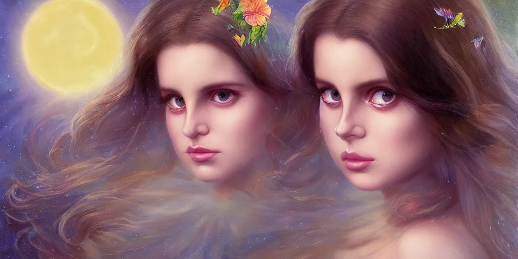 Image similar to big-eyed Lana Del Rey staring into the camera, sundown misty firefly wisps, Lilia Alvarado, Sophie Anderson, Mark Arian, Bob Byerley, Charlie Bowater, Mark Brooks, Steve Henderson, Justin Gerard, Arthur Hughes, Edward Robert Hughes, Mark Keathley, Victor Nizovtsev, Carlos Shwabe, Ross Tran, WLOP