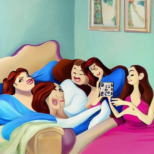 Image similar to stunning, coherent, beautiful painting, still of a group of bbw women taking a picture of each other posing in the same bed , they are all laying down , 3d, in the style of pixar, comic book cover, 3d, highly detailed, highly detailed, sharp focus, bokeh, depth of field, 16k resolution, Unreal Engine 5, coherent, cinematic lighting, photorealistic, by Zhang Jingna