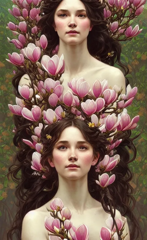 Image similar to portrait of a goddess of magnolia! covered in flowers!, half body, perfect face!!, d & d, fantasy, intricate, elegant, highly detailed, digital painting, artstation, concept art, smooth, sharp focus, illustration, art by artgerm and greg rutkowski and alphonse mucha