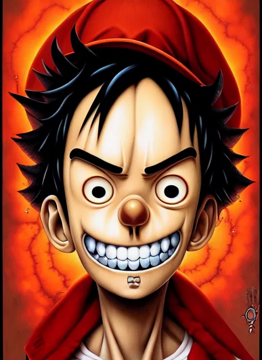 Image similar to lovecraftian portrait of luffy, pixar style, by tristan eaton stanley artgerm and tom bagshaw