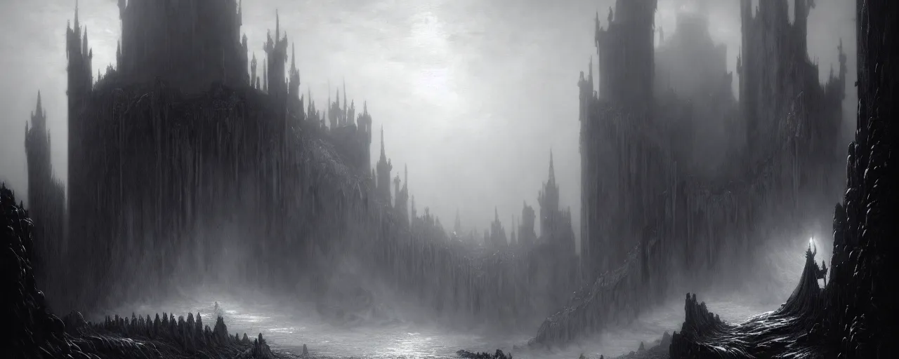 Image similar to a digital concept art by gustave dore and greg rutkowski, trending on artstation. dante's divine comedy, dark fantasy cave palace of bad omens, a iron throne, white stone steps seeping magma. fier in fog. light effect. 3 d, octane render, unreal engine. mist.