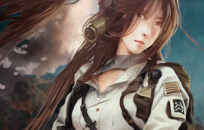 Image similar to infantry girl, soldier under heavy fire, anime style, long hair, hair down, symmetrical facial features, from girls frontline, hyper realistic, pale skin, rule of thirds, extreme detail, 4 k, detailed drawing, trending artstation, hd, trading card, by alphonse mucha, greg rutkowski, sharp focus, backlit