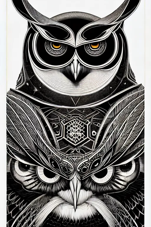 Image similar to side view of a majestic owl, high details, bold line art, by vincent di fate and joe fenton, inking, etching, screen print, masterpiece, trending on artstation, sharp, high contrast, hyper - detailed,, hd, 4 k, 8 k