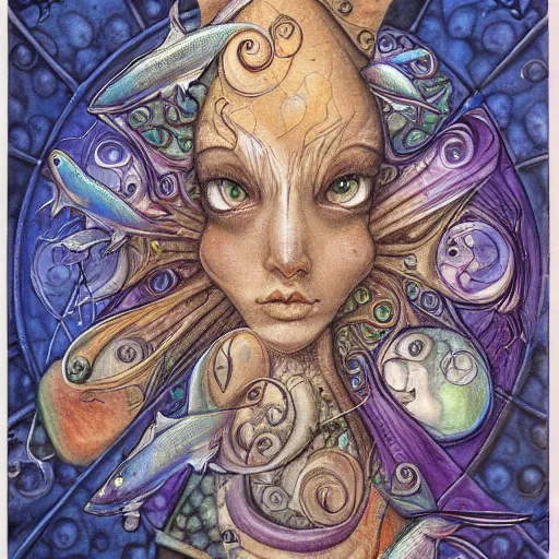 Image similar to detailed and sharp portrait of piscesthe fishes artistic zodiac artwork, mystic style, detailed, 8 k, detailed, symmetrical, by brian froud