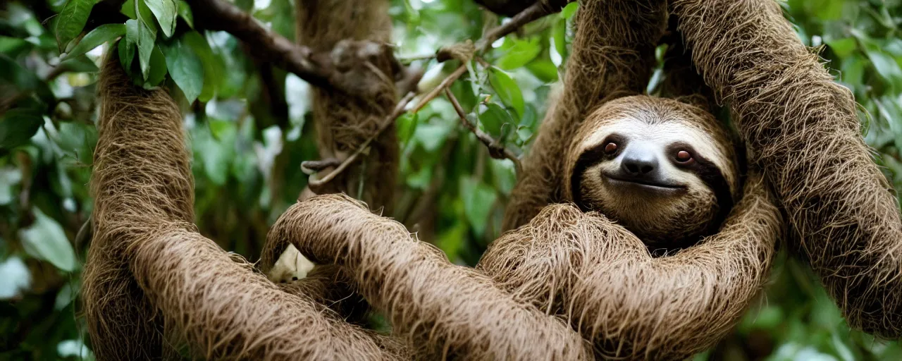 Image similar to a sloth eating spaghetti off a tree, in the style of wes anderson, canon 5 0 mm, kodachrome, retro