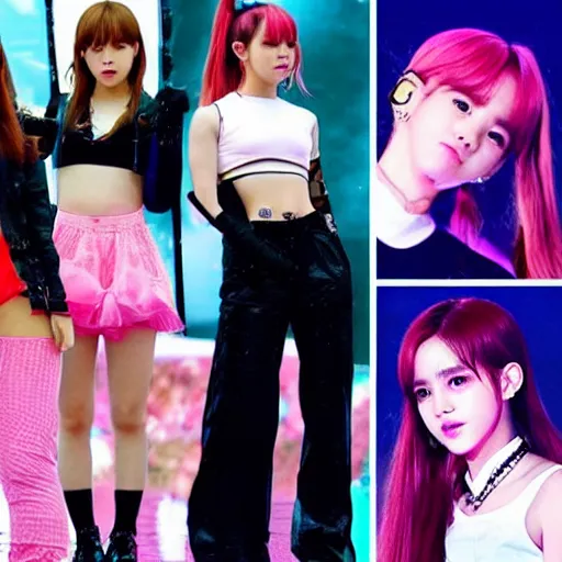 Prompt: Emma Watson as Kpop idol girl group Blackpink; She is dancing on the stage; Wearing girlish Suits