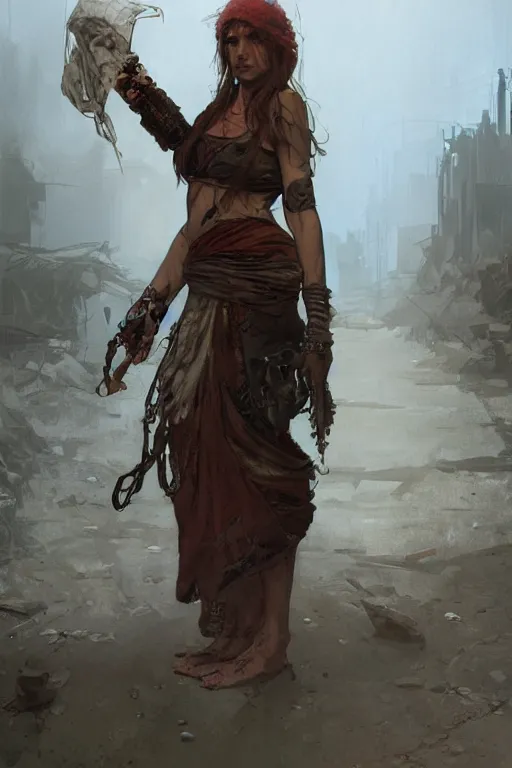 Image similar to a full body portrait of a beautiful post apocalyptic offworld merchants quarter bedouin blind pulp fiction scarlet wild rogue barbarian leper begging by the roadside, intricate, elegant, highly detailed, digital painting, artstation, concept art, smooth, sharp focus, illustration, art by krenz cushart and artem demura and alphonse mucha