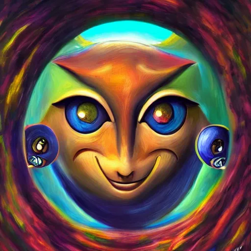 Image similar to zelda majora's mask moon in the sky, oil painting, beautiful, disney, pixar, artgerm