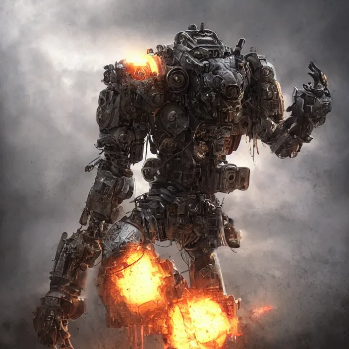 Image similar to gritty man in mech armor suit, hyper - detailed, octane render, sharp focus, 4 k ultra hd, fantasy dark art, apocalyptic art